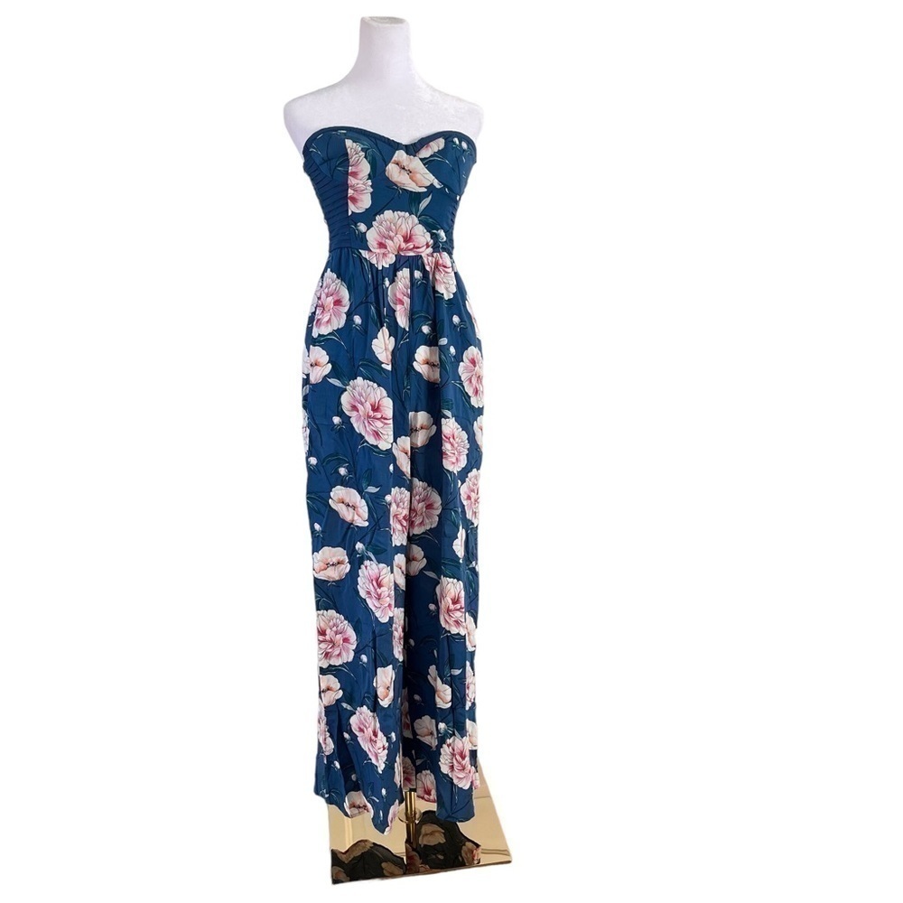 Band of Gypsies Teal Floral Strapless Bustier Jumpsuit Size Small